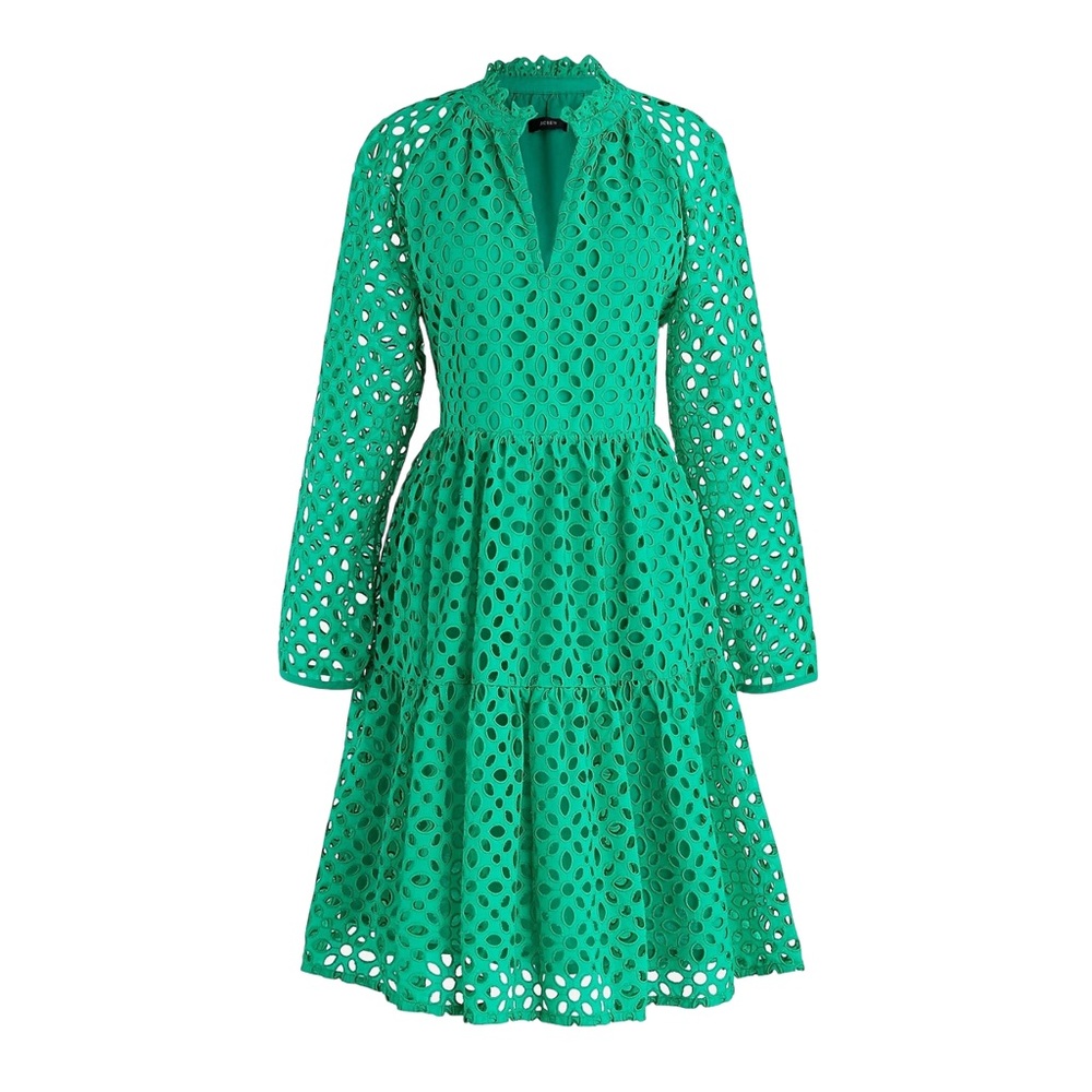 J. Crew Vibrant Green Long Sleeve Eyelet Tiered Dress
